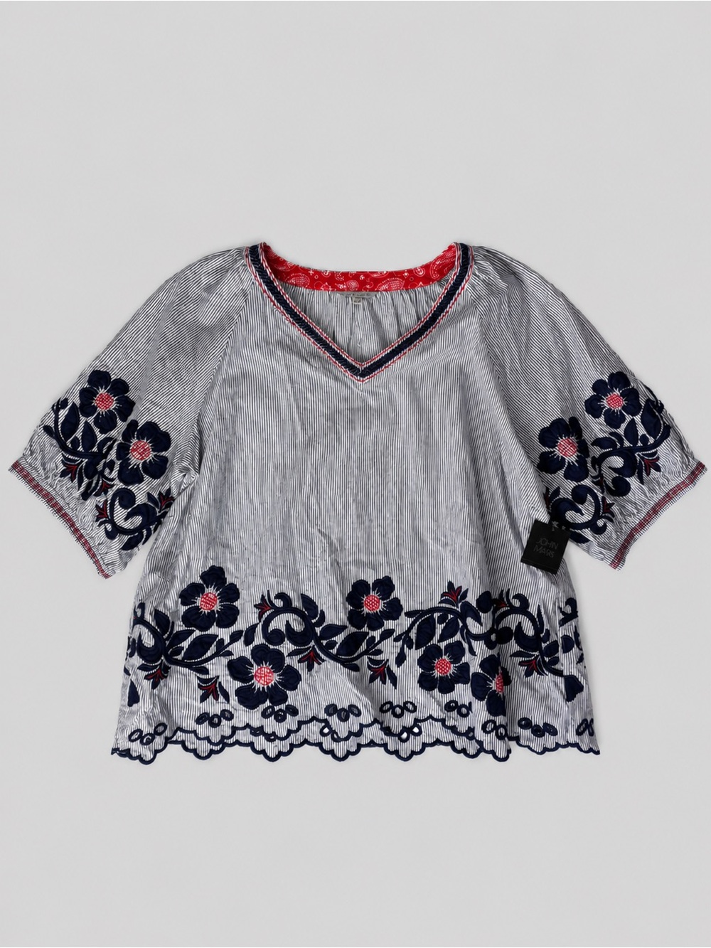 John Mark Tunic Top White Blue Stripe Embroidered NWT 100% Cotton